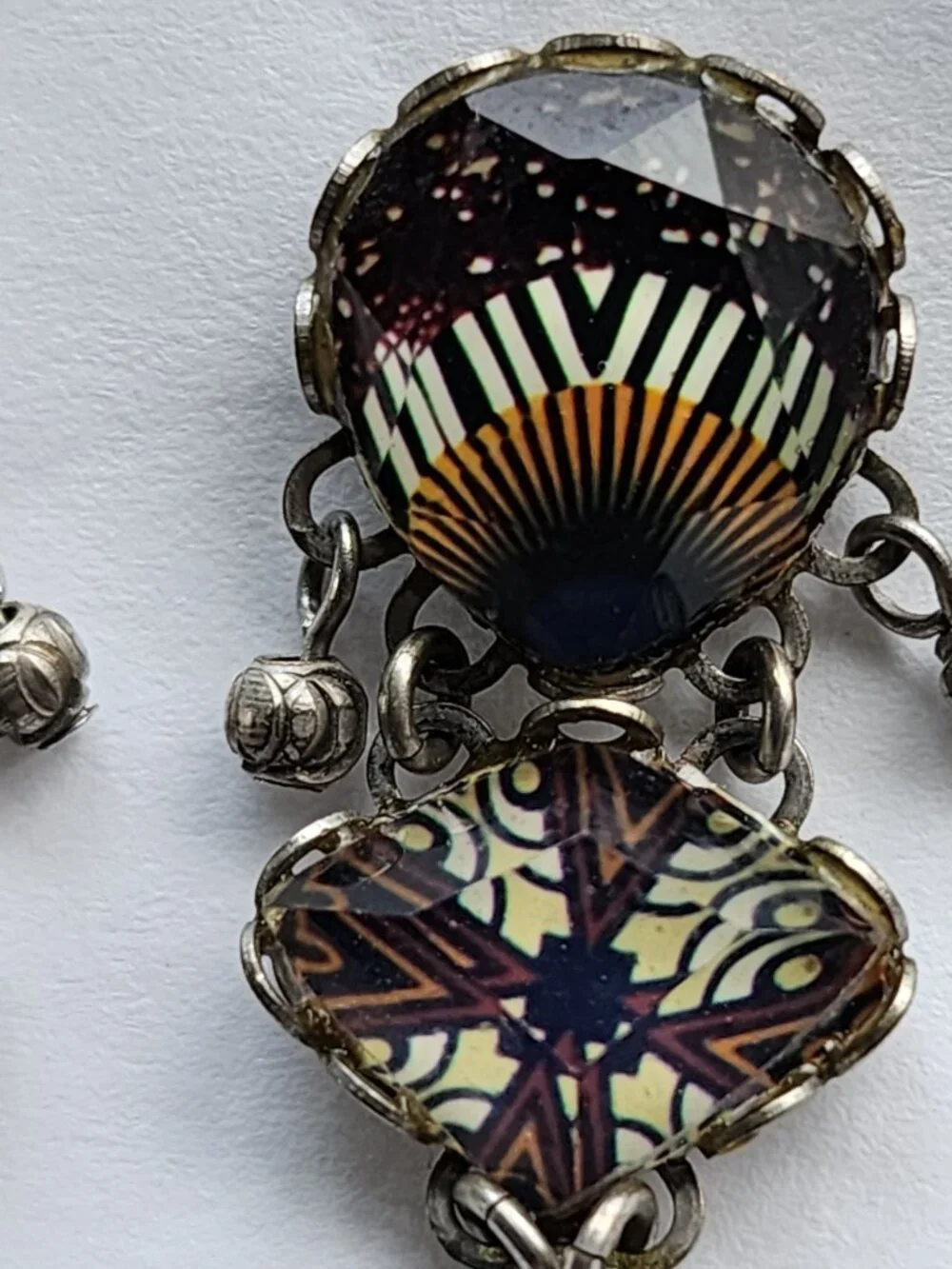 OOAK Ayala Bar Handcrafted, Fabric Inlay, Faceted Lucite & Metal Bead Earrings!! - Picture 12 of 16